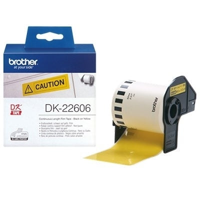 2 x Brother DK-22606 DK22606 Original Black Text on Yellow Continuous Film Label Roll 62mm x 15.24m