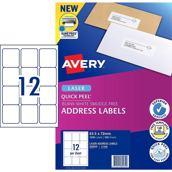 AVERY #959005 Quick Peel White Address Labels with Sure Feed LASER 12UP 63.5 x 72mm - L7164 (1200 Labels/100 Sheets)