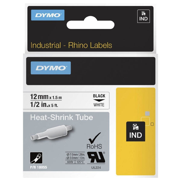 Dymo SD18055 Original 12mm Black Text on White Heat-Shrink HeatShrink Tube Industrial Rhino Label Cassette - 1.5 meters