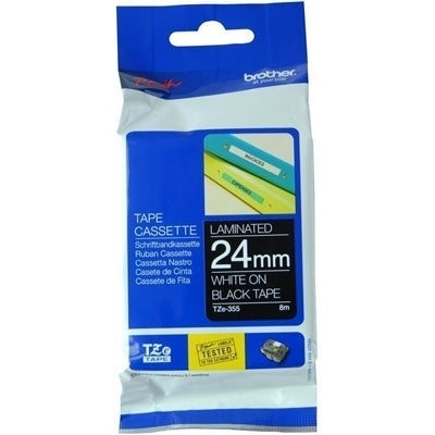 3 x Brother TZe-355 TZe355 Original 24mm White Text on Black Laminated Tape - 8 metres