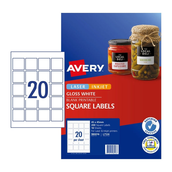 Avery #980016 White Glossy Laser Inkjet Square Labels 20UP 45 x 45mm - L7124 (200 Labels/10 Sheets)