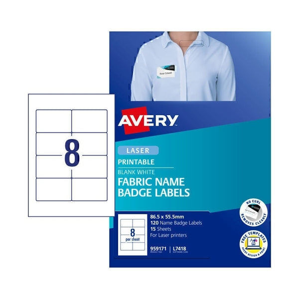 Avery #959171 Fabric Laser Name Badge Labels 8UP 88mm x 52mm - L7418 (120 Labels/15 Sheets)