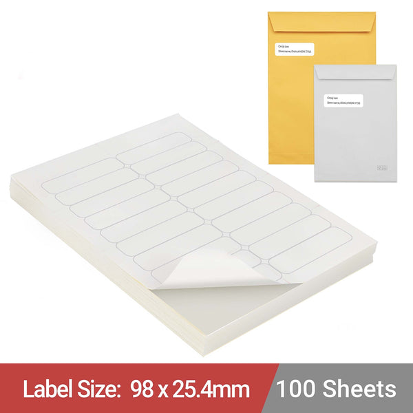 A4 White Self Adhesive Paper Address Mailing Laser Inkjet Sticker Labels 98 x 25.4mm - 20 Labels Per Sheet