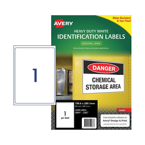 Avery #959067 Durable Heavy Duty White Laser Labels  1UP 196.6 x 289.1mm - L7067 (25 Labels/25 Sheets)