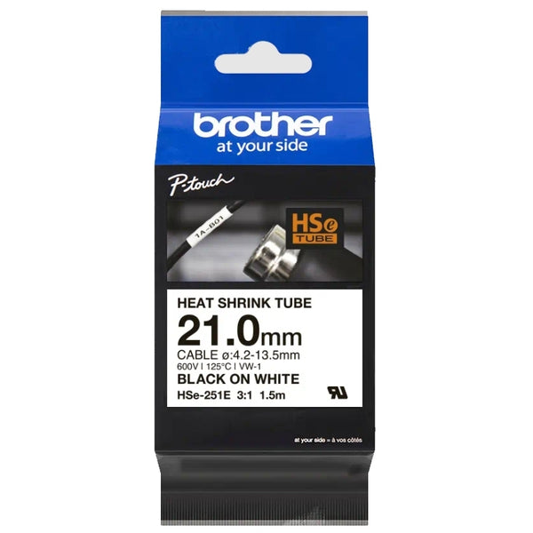 Brother HSe-251E HSe251E Original 21mm Black Text on White Heat Shrink Tube Tape - 1.5 meters