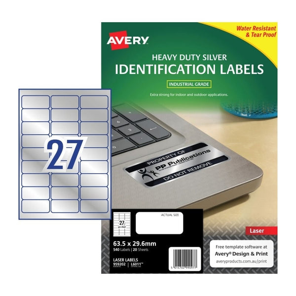 Avery #959202 Silver Heavy Duty Identification Laser Labels 27UP 63.5 x 29.6mm - L6011 (540 labels/20 sheets)