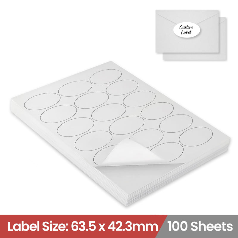 100 Sheets A4 White Self Adhesive Paper Laser Inkjet Sticker Labels 63.5 x 42.3mm Oval - 18 Labels Per Sheet