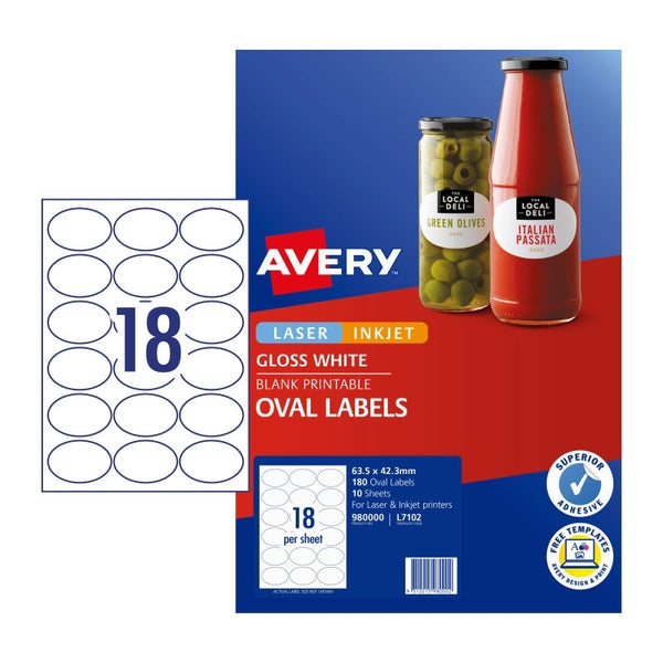 Avery #980000 White Glossy Laser Inkjet Oval Labels 18UP 63.5 x 42.3mm - L7102 (180 Labels/10 Sheets)