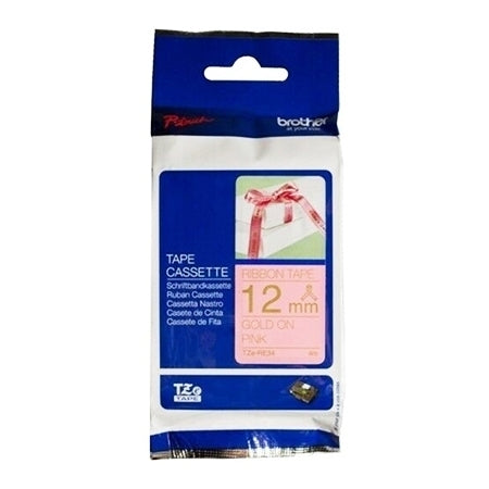 Brother TZe-RE34 TZeRE34 Original 12mm Gold Text on Pink Ribbon Tape - 4 metres