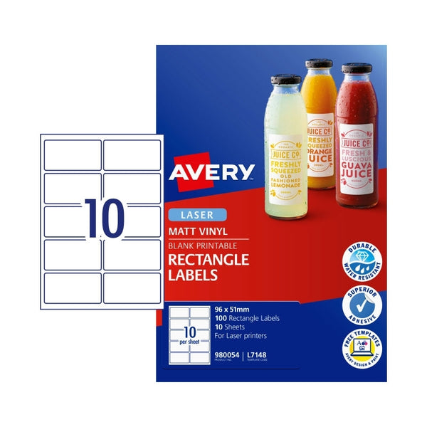 Avery #980054 White Matte Vinyl Laser Rectangle Labels 10UP 51 x 96mm - L7148 (100 Labels/10 Sheets)