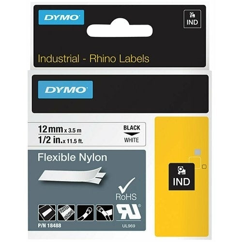 Dymo SD18488 Original 12mm Black Text on White Flexible Nylon Industrial Rhino Label Cassette - 3.5 meters