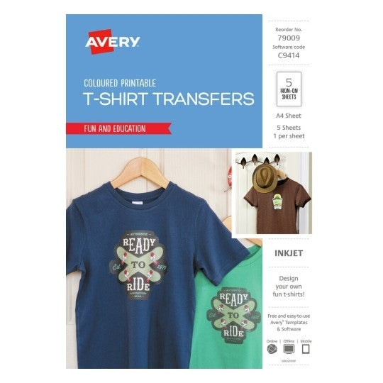 Avery #79009 A4 Inkjet T-Shirt Transfer For Dark Colours Fabric - C9414 (5 Sheets)