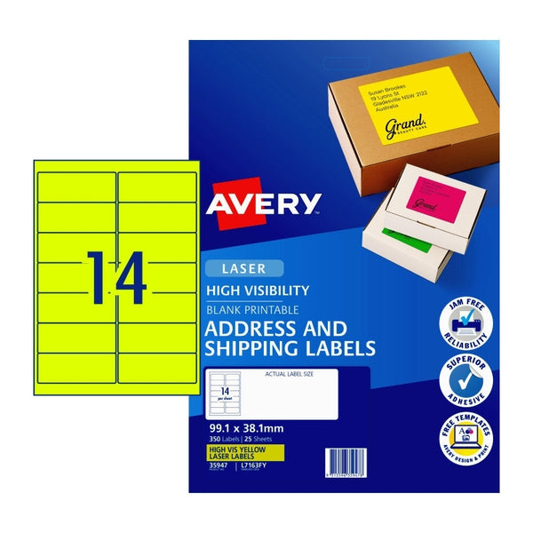 Avery #35947 Fluoro Yellow High Visibility Laser Shipping Labels 14UP 99.1 x 38.1mm - L7163FY (350 Labels/25 Sheets)