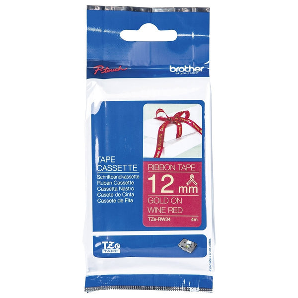 Brother TZe-RW34 TZeRW34 Original 12mm Gold Text on Wine Red Ribbon Tape - 4 metres