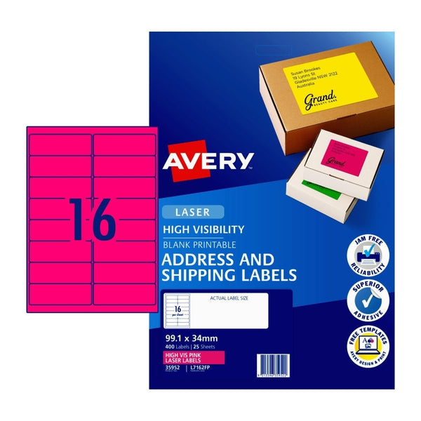 Avery #35952 Fluoro Pink High Visibility Laser Shipping Labels 16UP 99.1 x 34mm - L7162FP (400 Labels/25 Sheets)