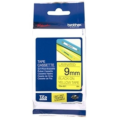 3 x Brother TZe-621 TZe621 Original 9mm Black Text on Yellow Laminated Tape - 8 meters