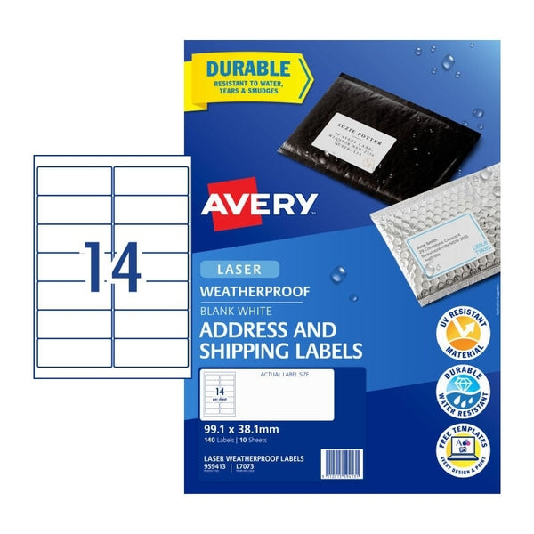 Avery #959413 Weatherproof Laser Address Labels 14UP 99.1 x 38.1mm - L7073 (140 Labels/10 Sheets)