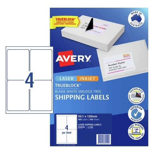 Avery #959030 TrueBlock LASER Shipping Labels 4UP 99.1 x 139 mm - L7169 (400 Labels/100 sheets)