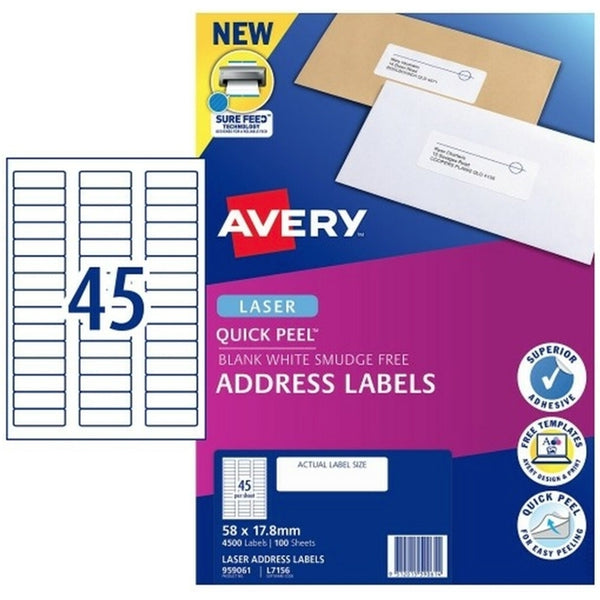 AVERY #959061 Quick Peel White Address Labels with Sure Feed LASER 45UP 58 x 17.8mm - L7156 (4500 Labels/100 Sheets)