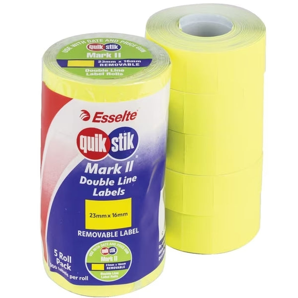 QuikStik Mark II Price Gun Double Line Labels Removable Fluoro Yellow 48269 (Pack of 5 Rolls)