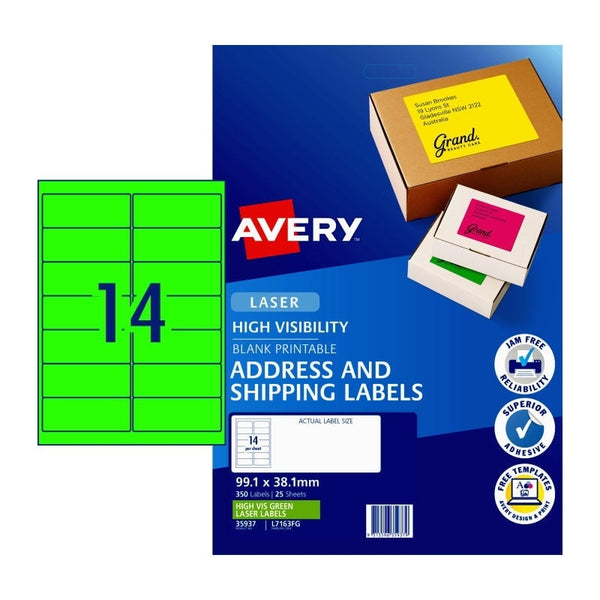 Avery #35937 Fluoro Green High Visibility Laser Shipping Labels 14UP 99.1 x 38.1mm - L7163FG (350 Labels/25 Sheets)