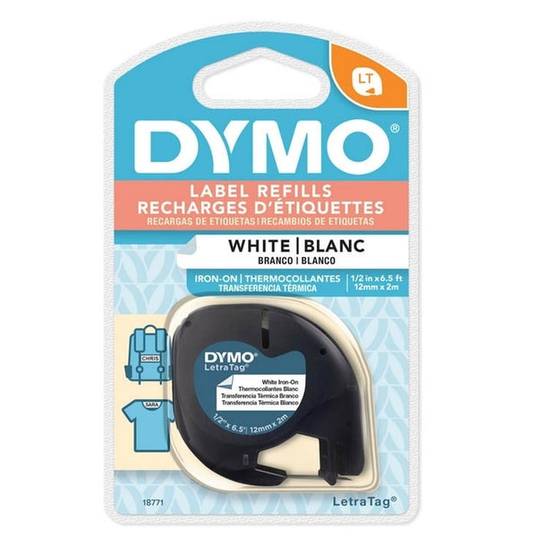 Dymo 18771 Original 12mm x 2m Black on White LetraTag Label Iron-On IronOn Fabric Tape