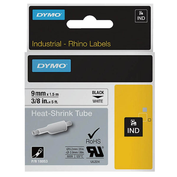 Dymo SD18053 Original 9mm Black Text on White Heat-Shrink HeatShrink Tube Industrial Rhino Label Cassette - 1.5 meters