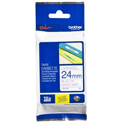 5 x Brother TZe-253 TZe253 Original 24mm Blue Text on White Laminated Tape - 8 meters