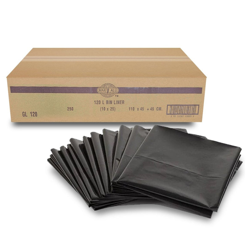 Heavy Duty 120L Black Bin Liners 110x45+45cm - 250 Bags