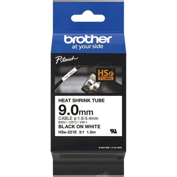 Brother HSe-221E HSe221E Original 9mm Black Text on White Heat Shrink Tube Tape - 1.5 meters