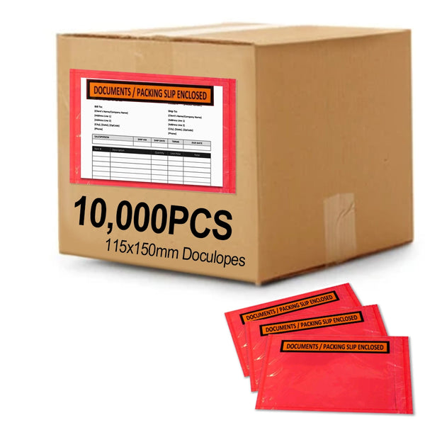 10,000PCS 'DOCUMENTS / PACKING SLIP ENCLOSED' 115mm x 150mm Doculopes Sticker Pouch Document Envelope - Red