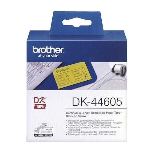 Brother DK-44605 DK44605 Original Removable Black Text on Yellow Continuous Paper Label Roll 62mm x 30.48m