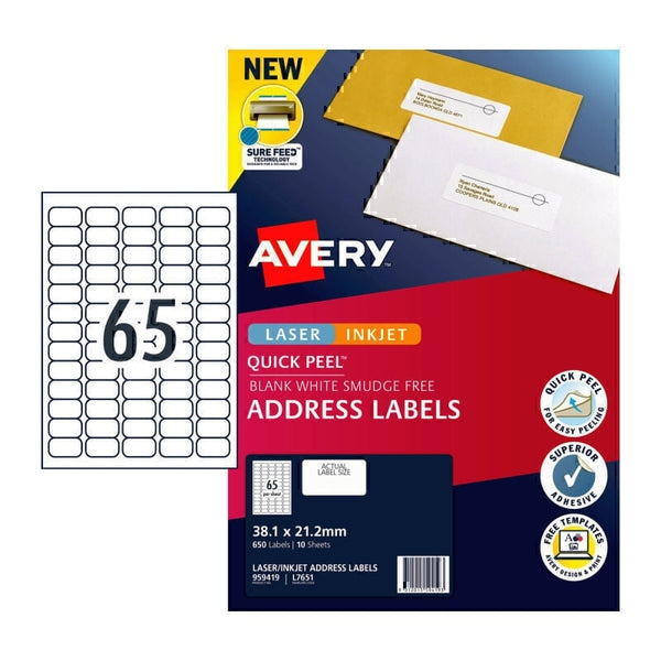 AVERY #959419 Quick Peel White Address Labels with Sure Feed LASER 65UP 38.1 x 21.2mm - L7651 (650 Labels/10 Sheets)