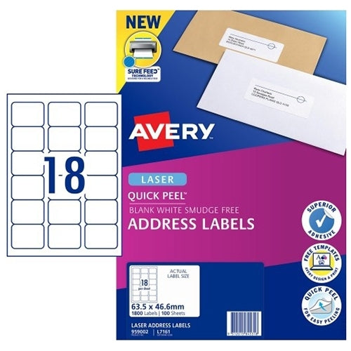 AVERY #959002 Quick Peel White Address Labels with Sure Feed LASER 18UP 63.5 x 46.6mm - L7161 (1800 Labels/100 Sheets)