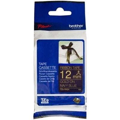 Brother TZe-RN34 TZeRN34 Original 12mm Gold Text on Navy Blue Ribbon Tape - 4 metres