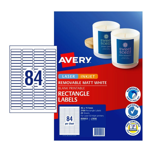 Avery #959053 White Matte Laser Inkjet Removable Multi-Purpose Rectangle Labels 84UP 46 x 11.1mm - L7656REV (2100 Labels/25 Sheets)