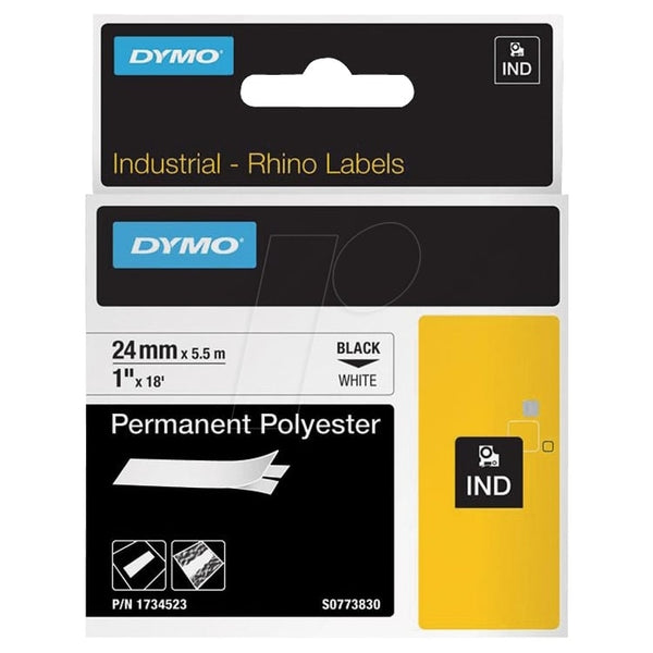 Dymo 1734523 Original 24mm Black Text on White Permanent Polyester Industrial Rhino Label Cassette - 5.5 meters