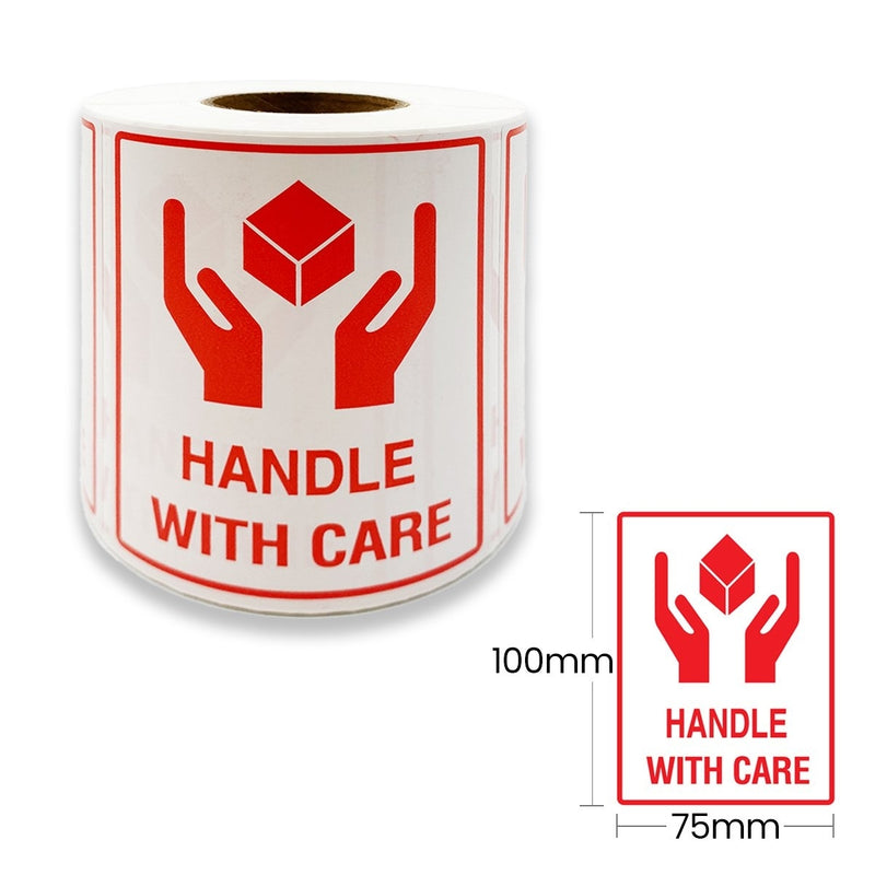 HANDLE WITH CARE 100x75mm Label Adhesive Warning Shipping Sticker  (500 Labels per Roll)