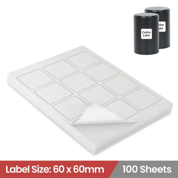 100 Sheets A4 White Self Adhesive Paper Laser Inkjet Sticker Labels 60 x 60mm Square - 12 Labels Per Sheet