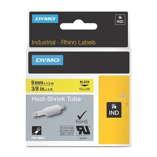 Dymo SD18054 Original 9mm Black Text on Yellow Heat-Shrink HeatShrink Tube Industrial Rhino Label Cassette - 1.5 meters