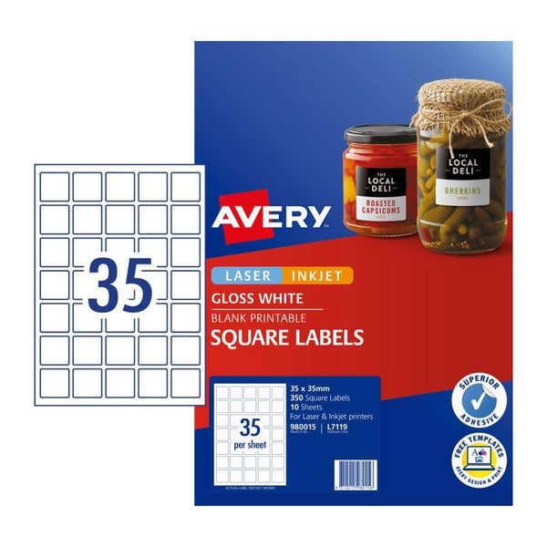 Avery #980015 White Glossy Laser Inkjet Square Labels 35UP 35 x 35mm - L7119 (350 Labels/10 Sheets)