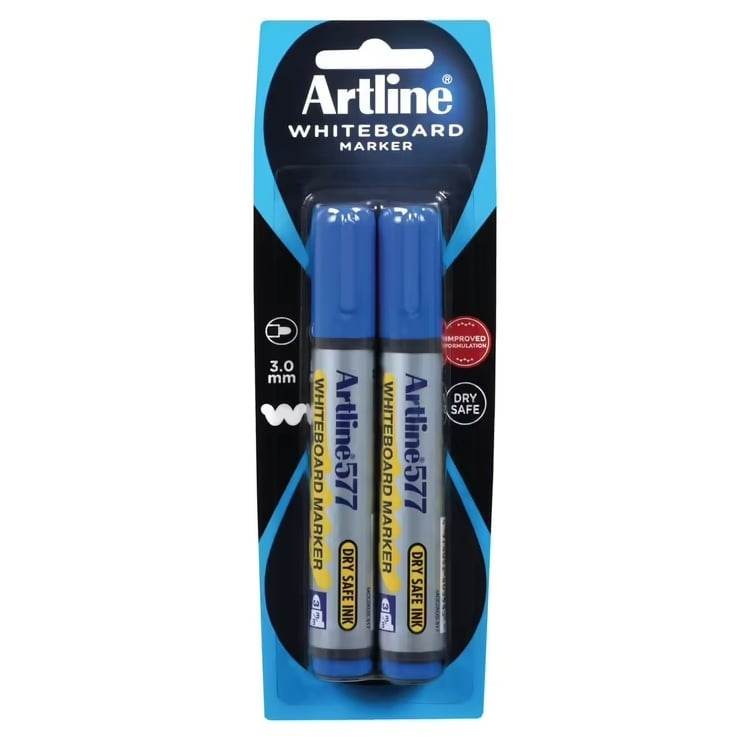 Artline 577 Whiteboard Marker Blue 3mm Bullet Nib 2PK