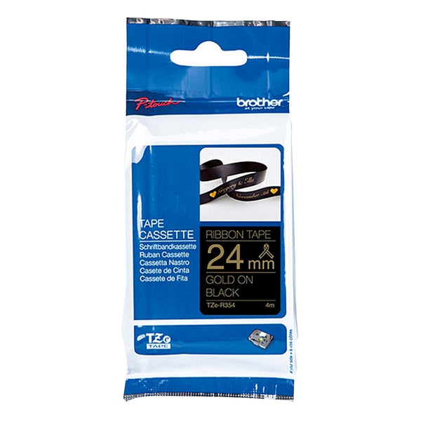 3 x Brother TZe-R354 TZeR354 Original 24mm Gold Text on Black Ribbon Tape - 4 metres