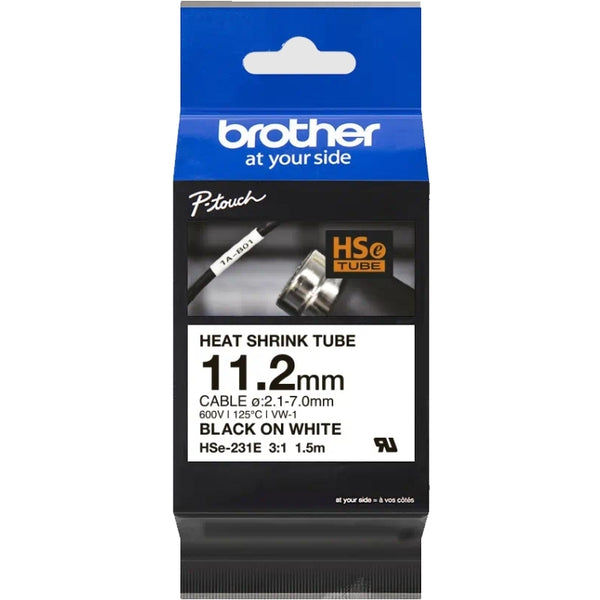 Brother HSe-231E HSe231E Original 11.2mm Black Text on White Heat Shrink Tube Tape - 1.5 meters