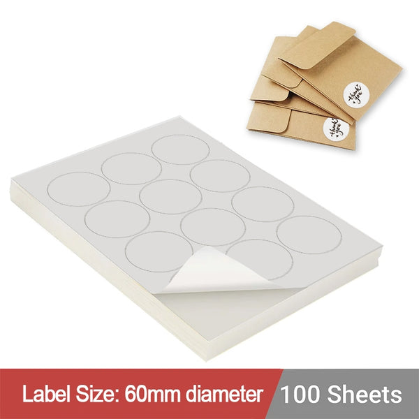 500 Sheets A4 White Self Adhesive Paper Laser Inkjet Sticker Labels 60mm Round - 12 Labels Per Sheet