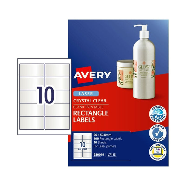 Avery #980019 Crystal Clear Laser Rectangle Labels 10UP 96 x 50.8mm - L7113 (100 Labels/10 Sheets)