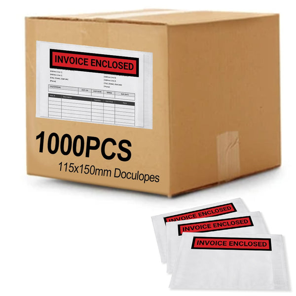 1000PCS 'INVOICE ENCLOSED' 115mm x 150mm Doculopes Sticker Pouch Document Envelope - Clear