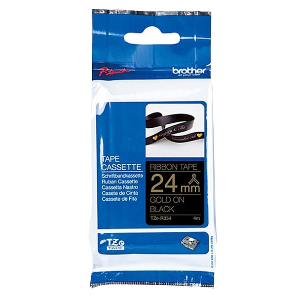 Brother TZe-R354 TZeR354 Original 24mm Gold Text on Black Ribbon Tape - 4 metres