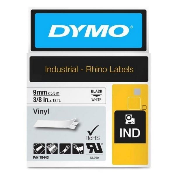 Dymo 18443 Original 9mm Black Text on White Vinyl Industrial Rhino Label Cassette - 5.5 meters