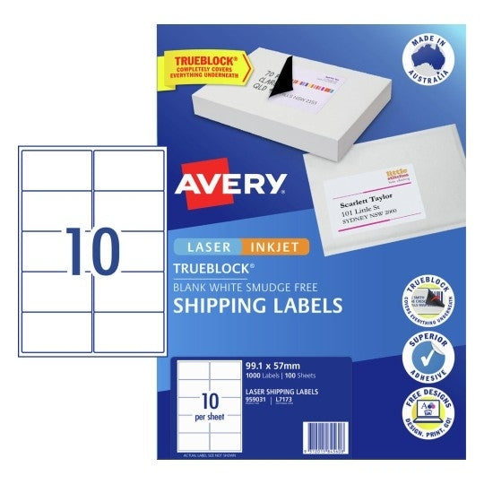 Avery #959031 TrueBlock LASER Shipping Labels 10UP 99.1 x 57 mm - L7173 (1000 Labels/100 sheets)